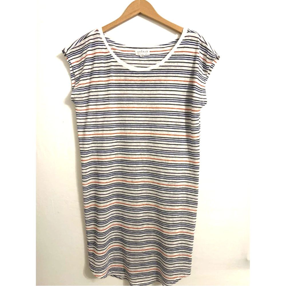 Velvet by Graham & Spencer Red Black Navy White Stripe T Shirt Dress Sz Medium
